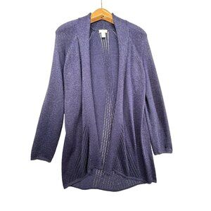 Chicos Womens Cardigan Sz M Purple Metallic Open-Knit CozyComfy Boho Modern City